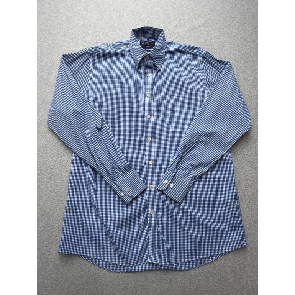 Charles Tyrwhitt Dress Shirt Mens Large Blue Gingham Non Iron Long Sleeve Cotton